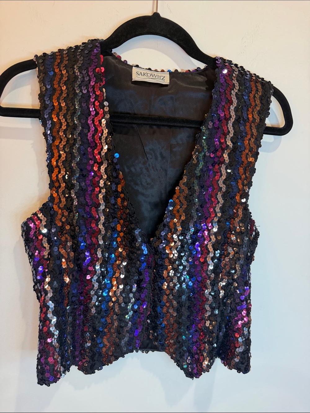 80s Vintage Sakowitz Black & Multi-Color Sequin V-Neck Women's Vest